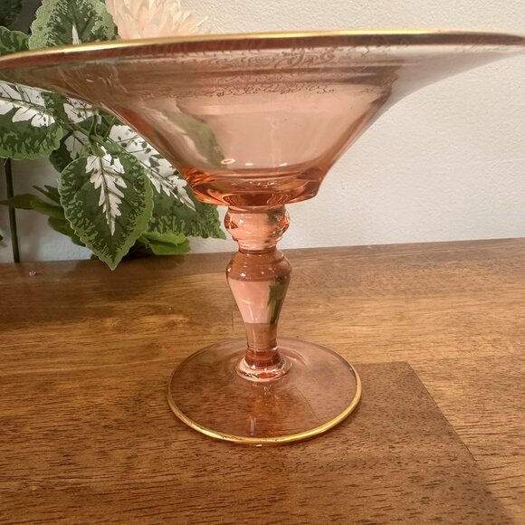 Vintage Pink Depression Glass‎ Compote Gold Etched Pedestal Dish Elegant 1930s - Picture 5 of 7